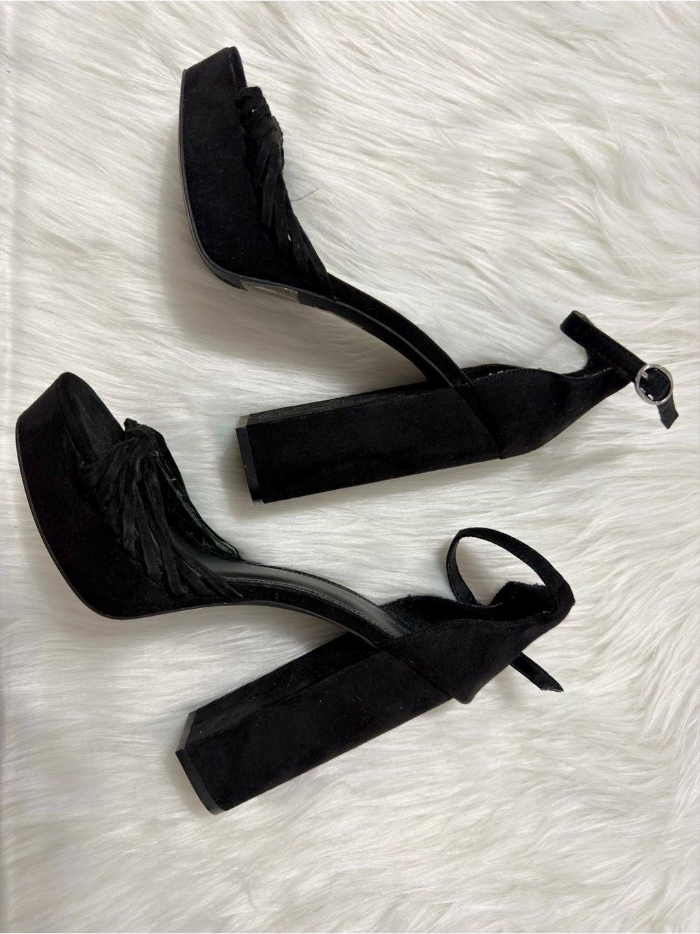 Platform Block Heels in Black Faux Suede - 5 inch